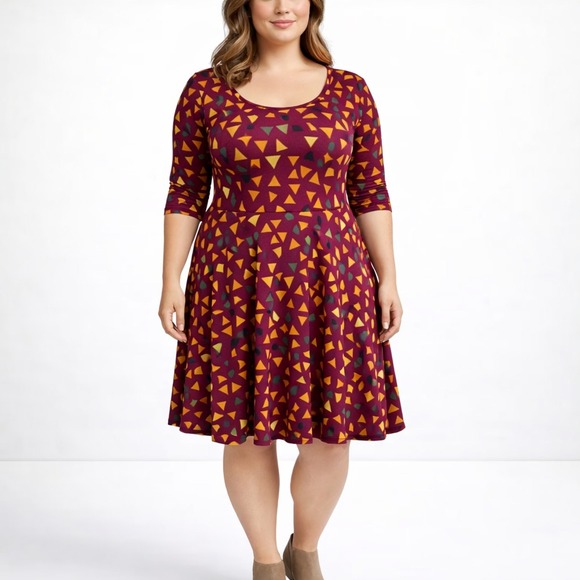 LuLaRoe Dresses & Skirts - LuLaRoe Nicole Dress 2XL Maroon Geometric Fit Flare Stretch Casual Skater